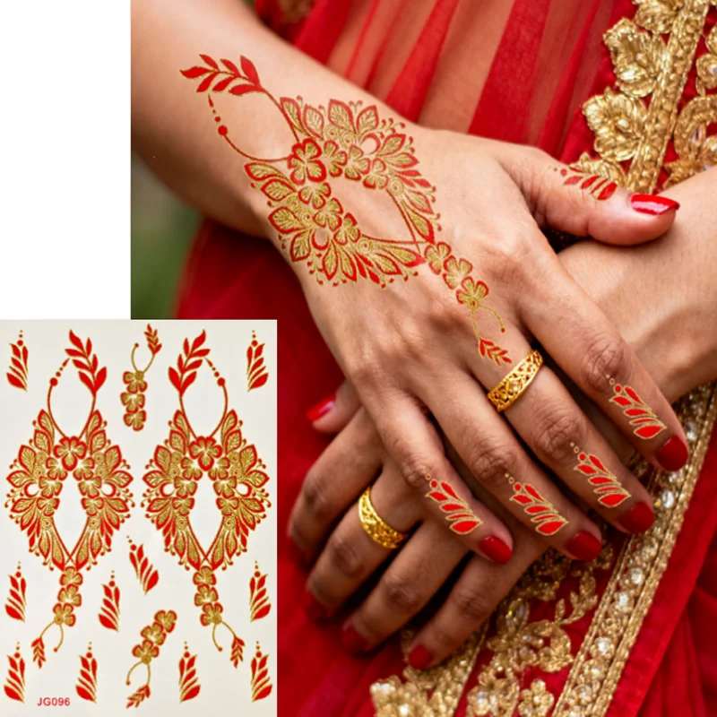 

Wedding Henna Tattoo Stickers Gold Red Glitter Tattoo Decals Indian Body Face Hand Tattoo Decors Fake Tattoos Tattoos Temporary