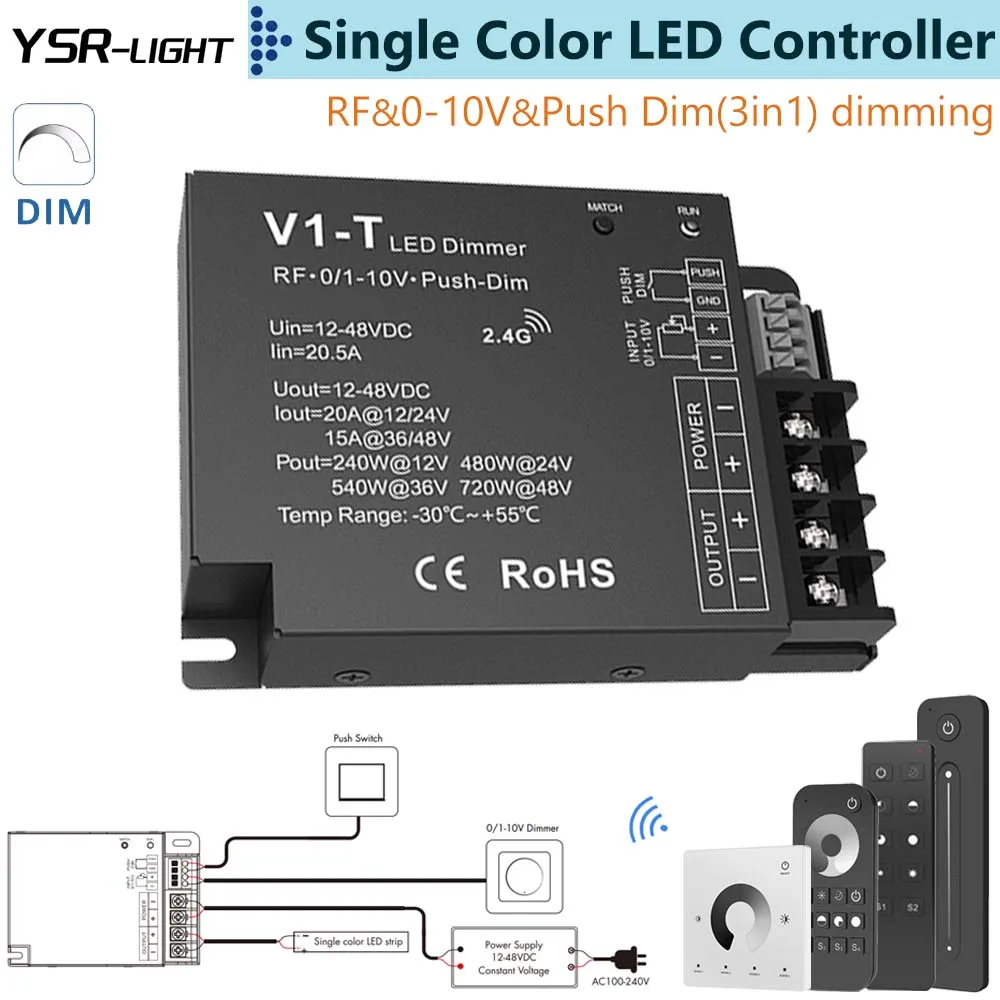 

Одноцветный светодиодный контроллер, 12-48 В постоянного тока, фоторадиочастотный диапазон 0-10 В, 3 в 1, с дистанционной сенсорной панелью RF2.4G без плавного затемнения вспышки