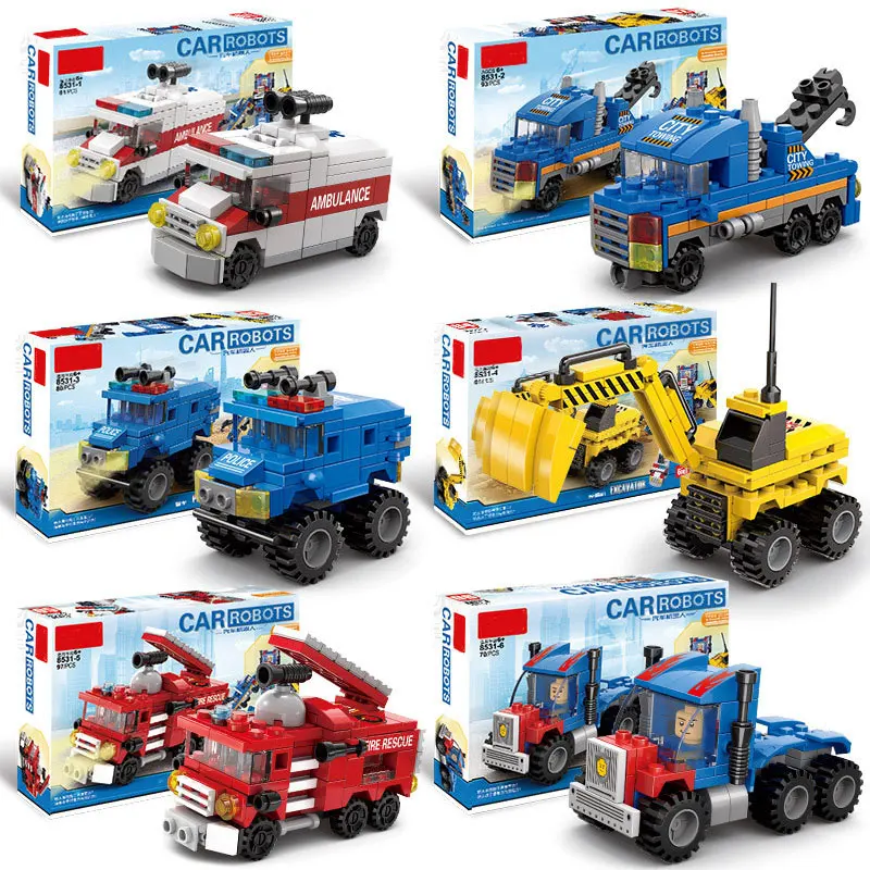 

6-in-1 Excavator, Fire Truck, Police Car Robot Combination Building Blocks Set - Small Particle Building Blocks Toy - Children's