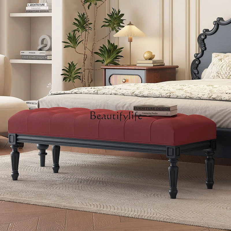 

French retro solid wood shoe changing stool oak fabric medium antique long strip bedside stool