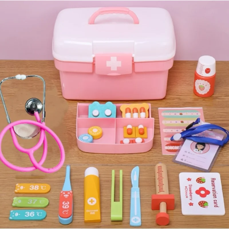 صندوق دواء محاكاة منزلي خشبي للأطفال، مجموعة طبيب ممرضة صبي فتاة طفل لعب الأدوار