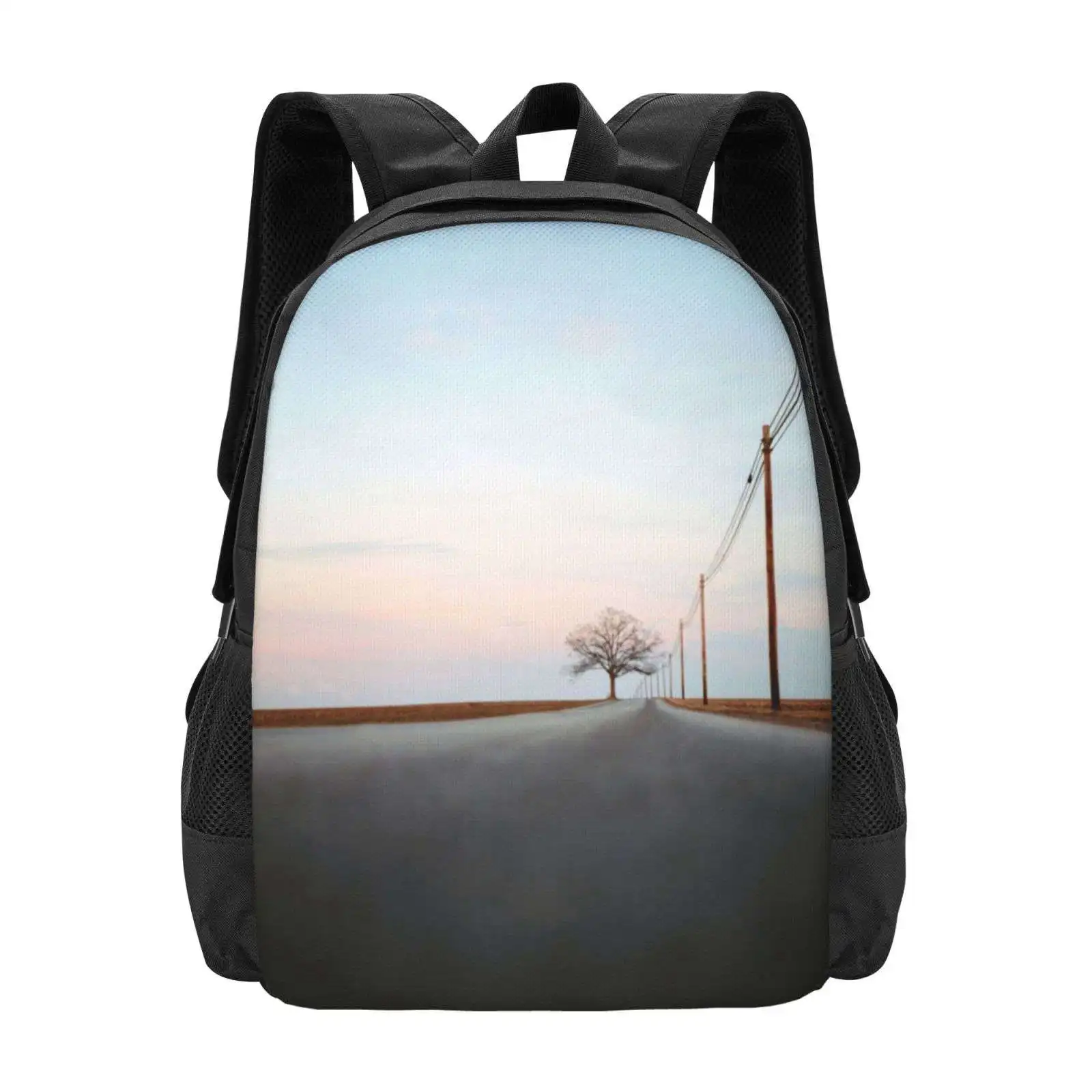 A Lonely Tree On A Long Road Hot Sale Backpack Fashion Bags Lonely Expanse Landscape Tree Single Telephone Wires Lines Magic