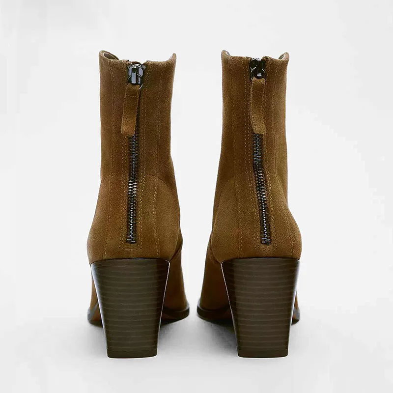 TRAF Women Brown Bare Surface Cowboy Boots New Retro Point Head Square Heel Ankle Boot Back Zipper High Heels Shoes For Woman 