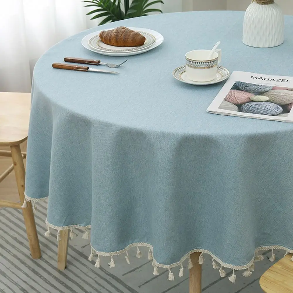 Decorazioni per la tavola Tovaglia in cotone e lino TPU rotonda con nappa Copri tavolo da pranzo Tinta unita Tappetino antipolvere Decorazione della casa