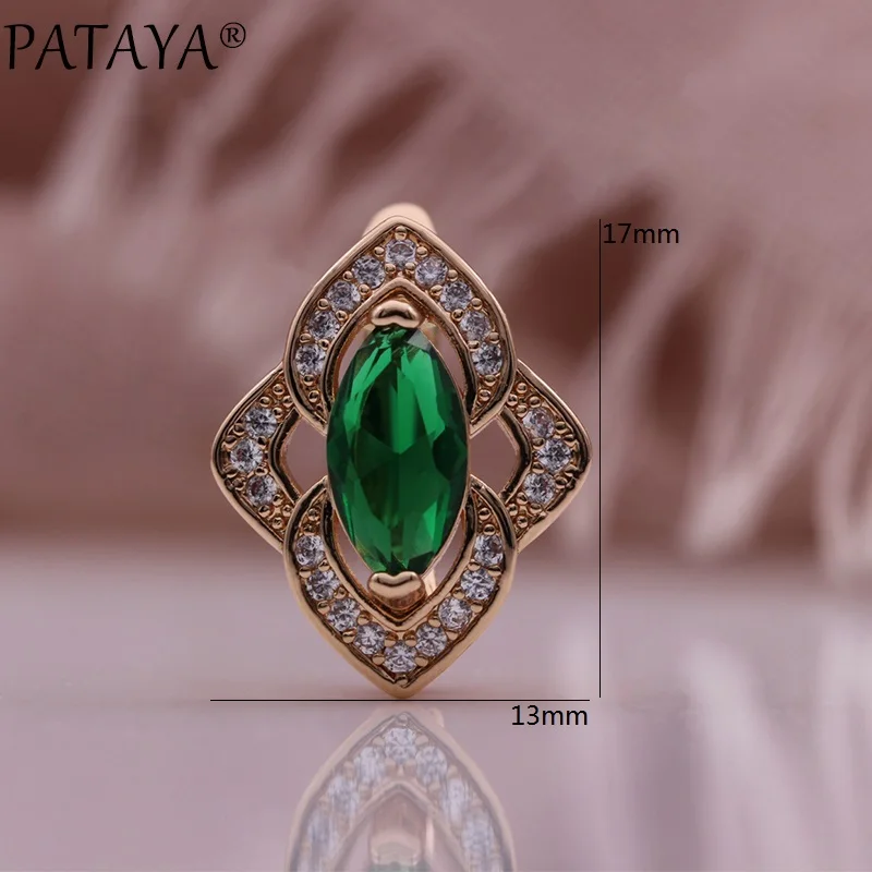 PATAYA New Rhombus Green Earrings Women Fashion Wedding Cute Fine Jewelry 585 Rose Gold Color Natural Zircon Dangle Earrings