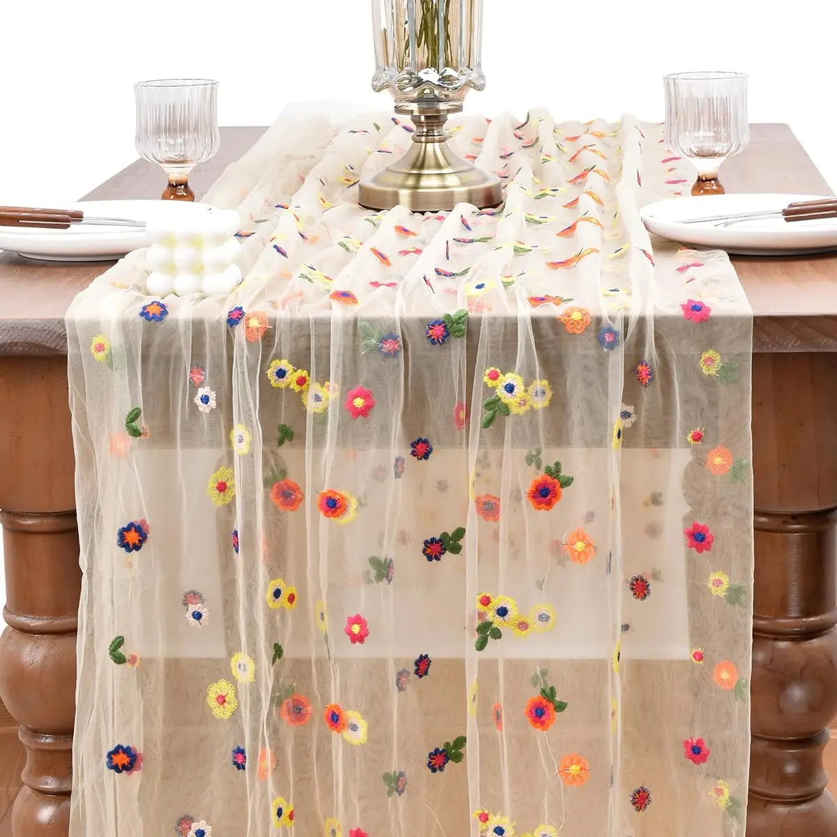Champagne Embroidery Daisy Spring Summer Table Runner 10ft Florals Seasonal Easter Tulle Table Runner Dining Table Decoration