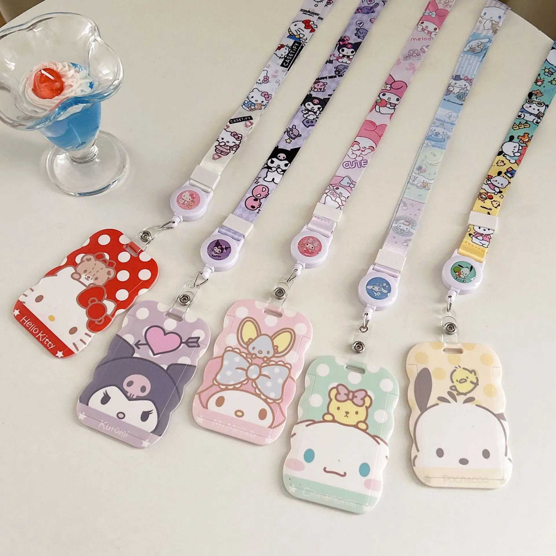 Kawaii  Retractable Lanyard Card Holder Kuromi Melody Cinnamoroll Cute Wave Shape Student ID Bus Badge Case Girls Gift