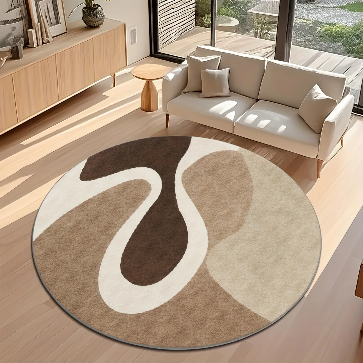 Neutral Abstract Swirl Round Rug  Modern Curved Geometric Circular Mat Non Slip Floor Carpet Minimalist Living Room Decor