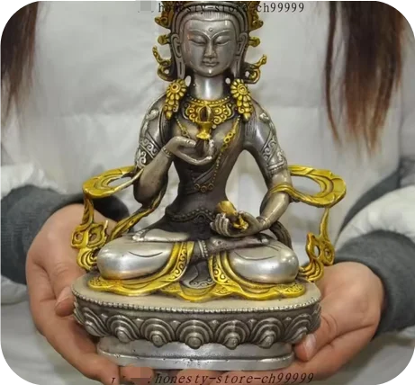 21CM de Tíbet Vajrasattva Chapado en plata bronce y estatua oro Buda