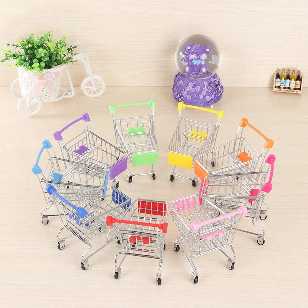 Mini Shopping Cart Kids Toys Simulation Supermarket Hand Trolleys Pretend Play Toy Kids Room Desktop Storage Basket Kids Toy