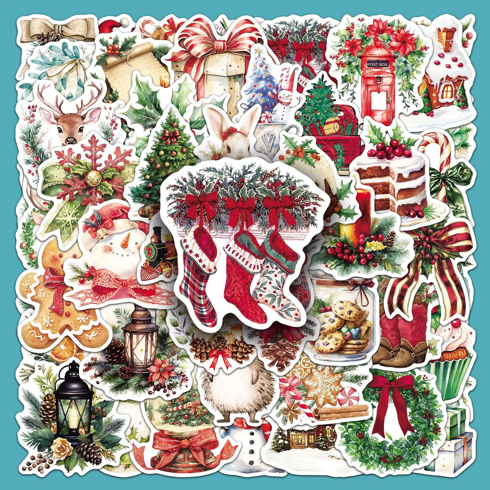 

50PCS Retro Watercolor Style Christmas Stickers Festive Decorative Mobile Case iPad Suitcase Waterproof Stickers Kid's Toy