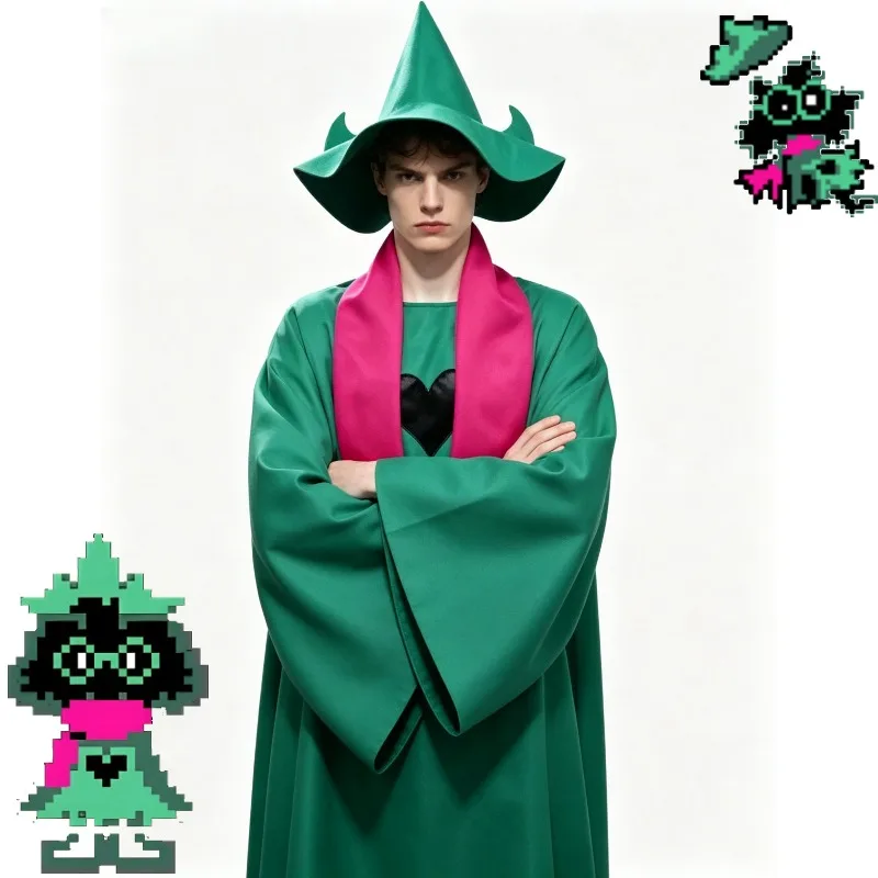 Deltarune Ralsei Cosplay Costume Green Cloak Cape Wizard Hat Scarf Cosplay Accessory Set Halloween Anime Game Cos Outfit