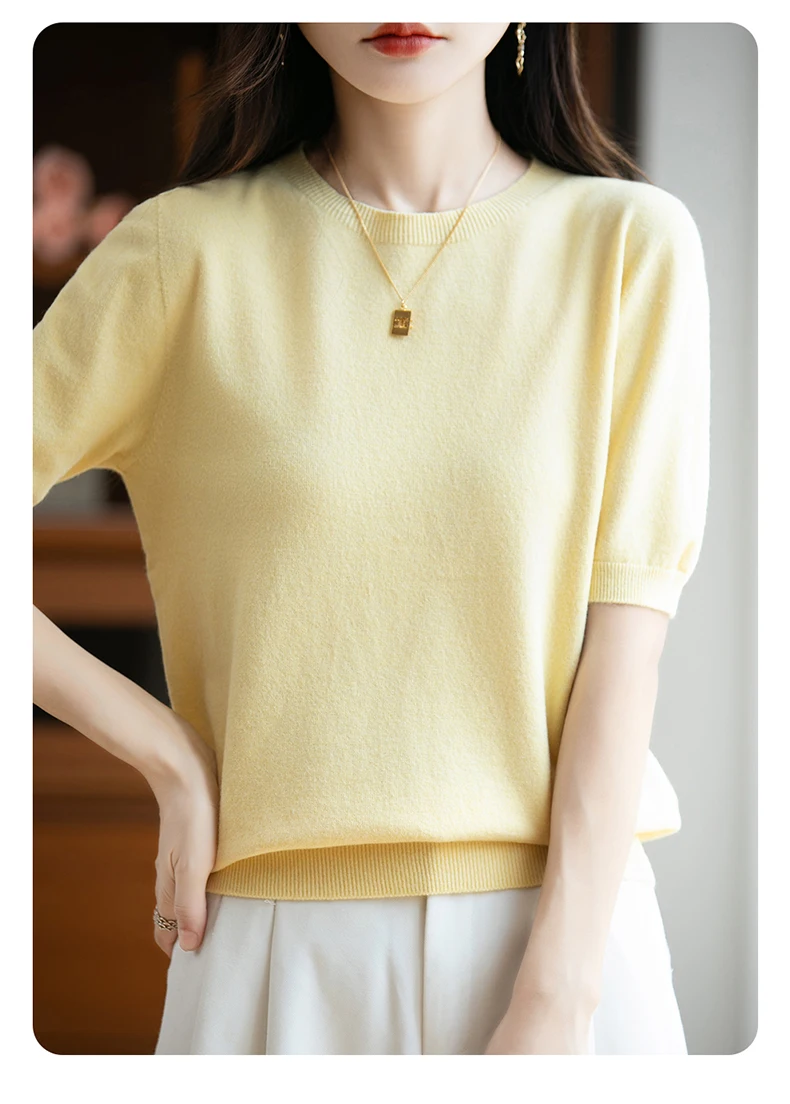 First-Line Ready-To-Wear Sweater Women's 100 Pure Wool Knitted Short-Sleeved T-Shirt Round Neck Thin Sweater Loose Half-Sleeve
