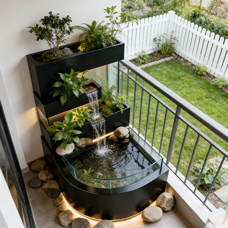 BJ-2 Balcony Stainless Steel Fish Pool Flower Box Metal Water Flow Ornament Outdoor Terrace Courtyard Water View Waterfall