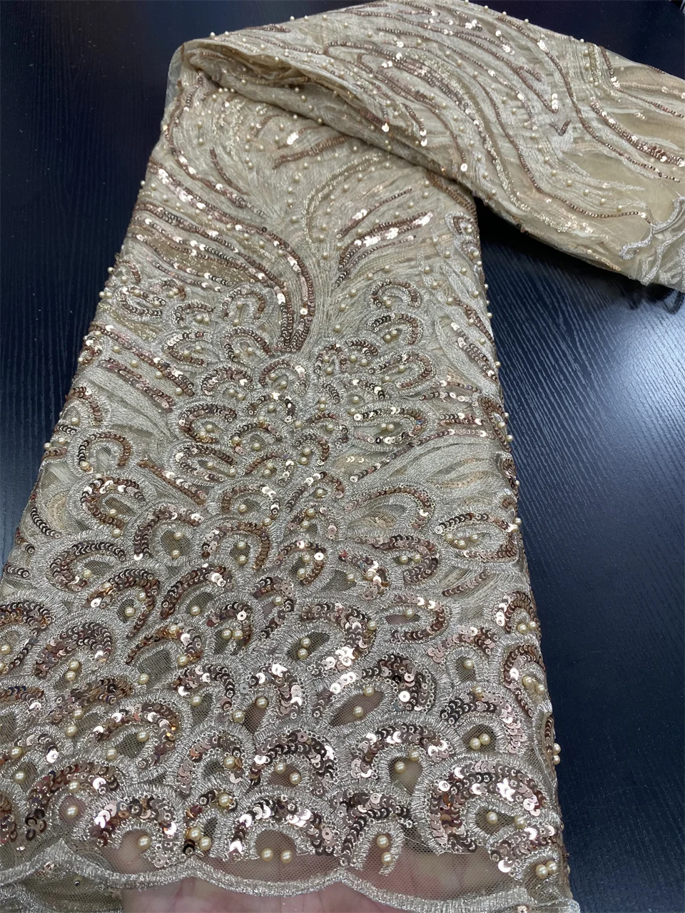 Luxury African Sequined Wine Red Lace Fabric for Wedding 2023 High Quality 5Yards Nigerian Heavy Bead Embroidered Mesh Materials