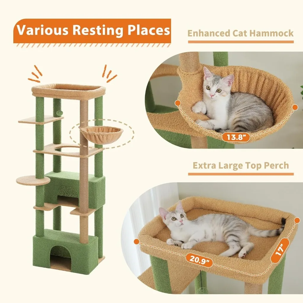 68'' Cat Tree for Large Cats 20 lbs Heavy Duty, Tall Cat Tower for Indoor Big Cats with Extra-Large Top Perch [21'' x 17''], 2 L