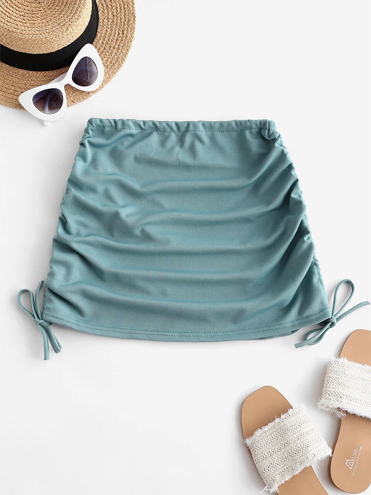 ZAFUL kobiety plaża krótki pareo kostium kąpielowy Wrap prążkowany Cinched Side Mini spódnica Sheer strój kąpielowy Bikini Cover Ups na stroje