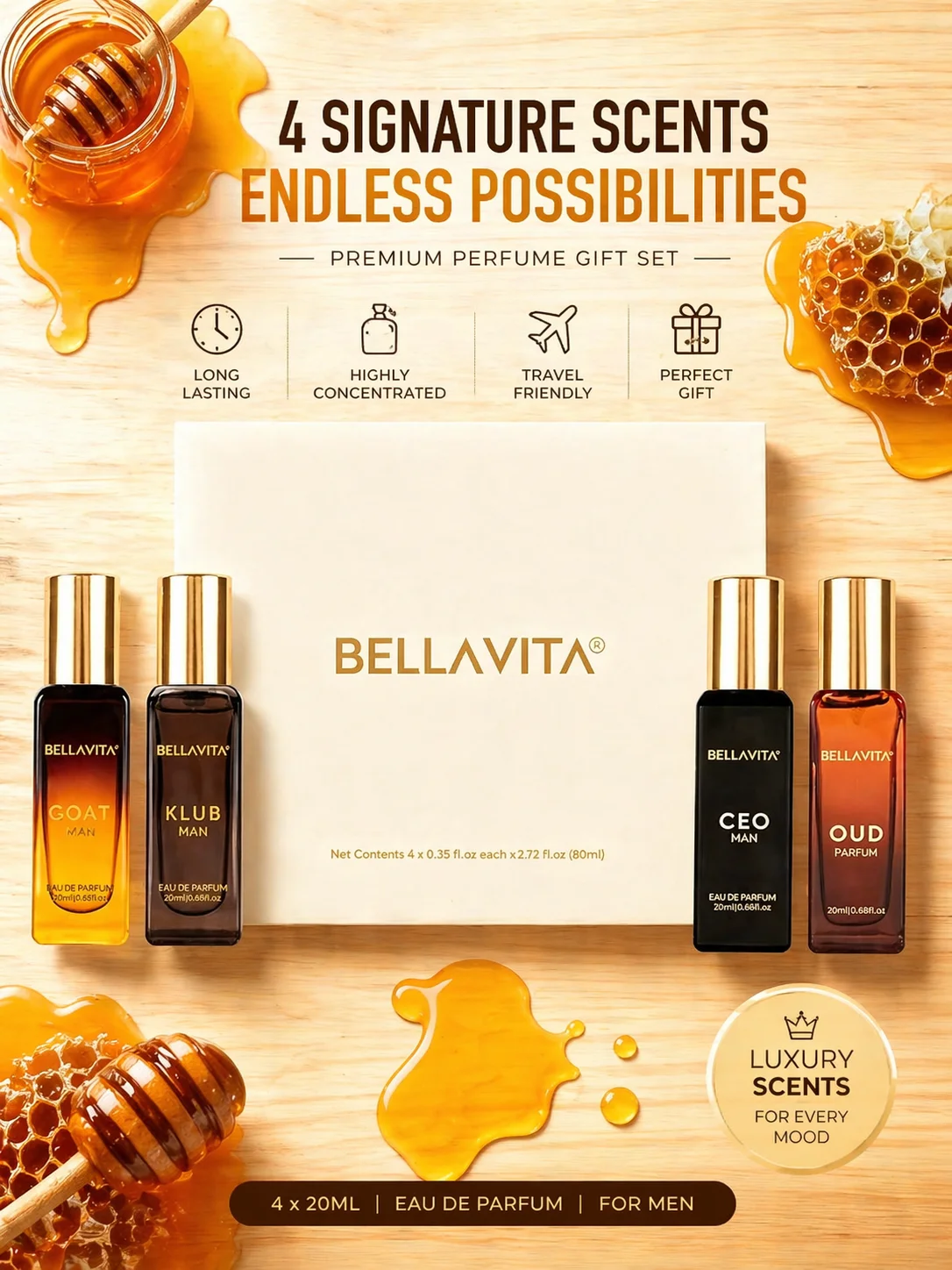 Bella Vita Luxury Mini Perfume Set 4pcs EDP Travel Size Unisex Long Lasting Fresh Oud Rose Date CEO Scent Gift Set for Men Women