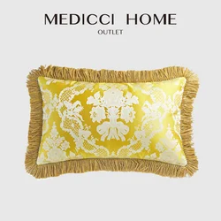 Medicci Home Persian Classic Damask Floral Jacquard Lumbar Pillow Cover Luxe Silk Satin Fringed Cushion Case 30X50 Bright Yellow