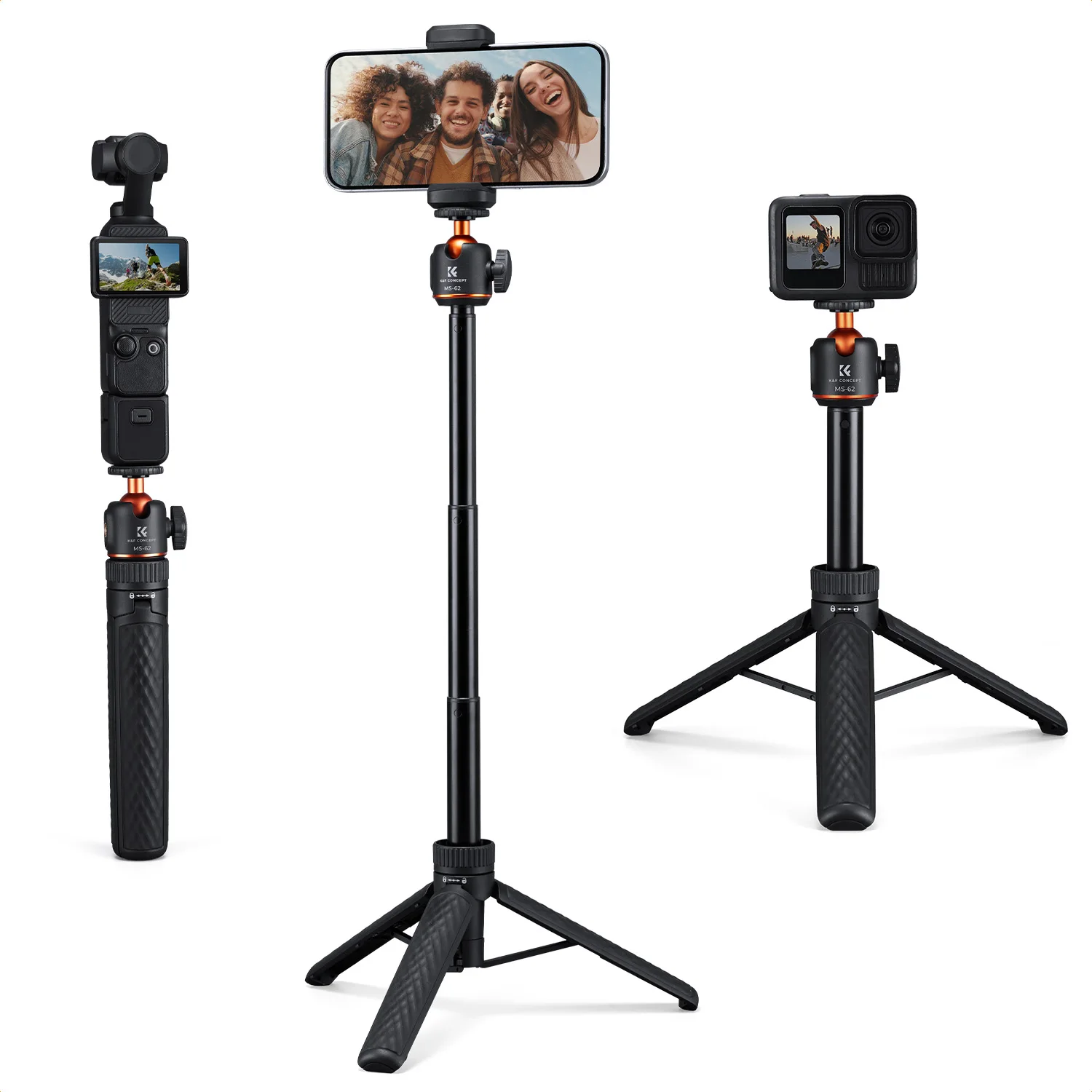 K&F CONCEPT Mini Selfie Stick Tripod Stand 5 Level 360° Ball Head Small Tripod with Cold Shoe for DJI Osmo Pocket 3 Action 5 Pro