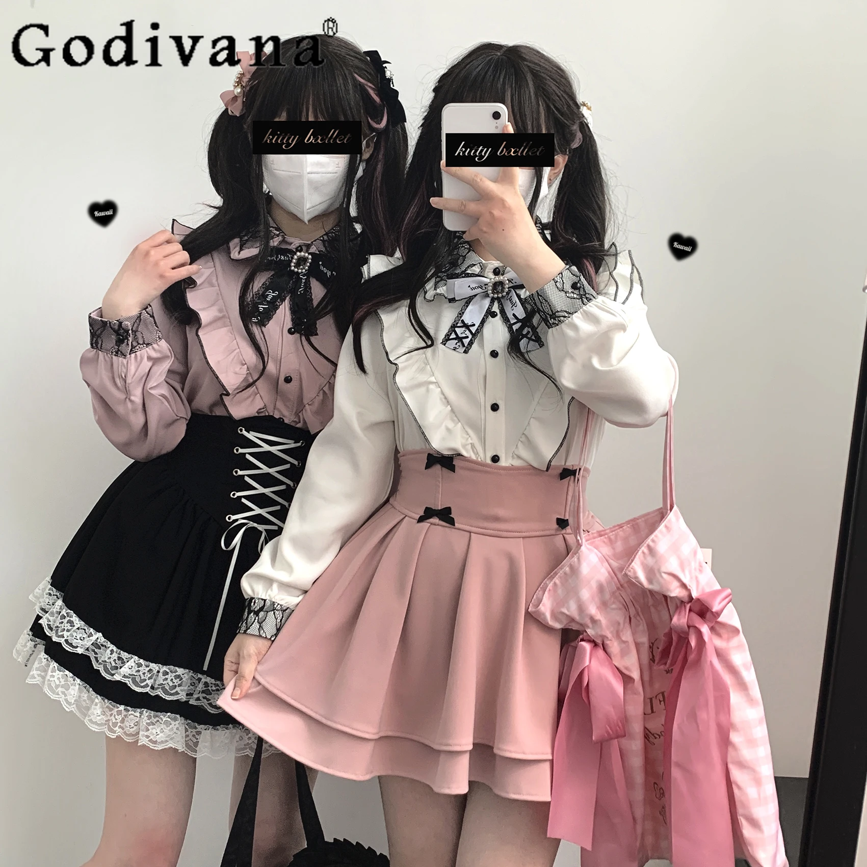 Bow Double-Layer Lace Skirt Japanese Mine High Waist Loose Lolita Pettiskirt Girly JK Fashion All-Match Pink Mini Skirt Women