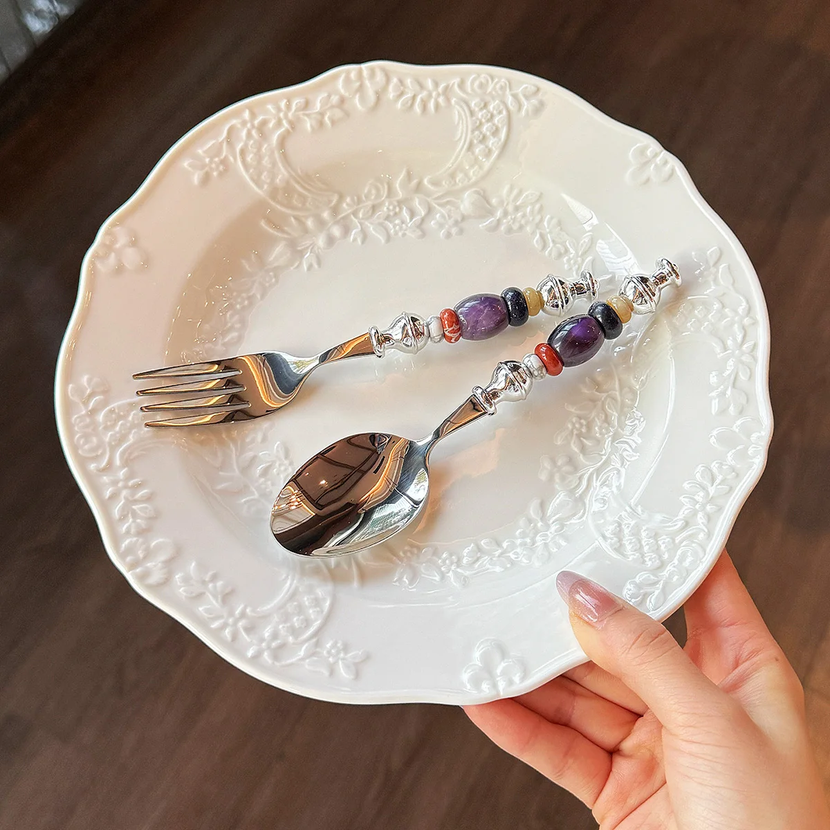304 Stainless Steel Ice Cream Fork Spoon Set Creative Amethyst Beading Coffee Dessert Spoon Silver Salad Fork Western Tableware