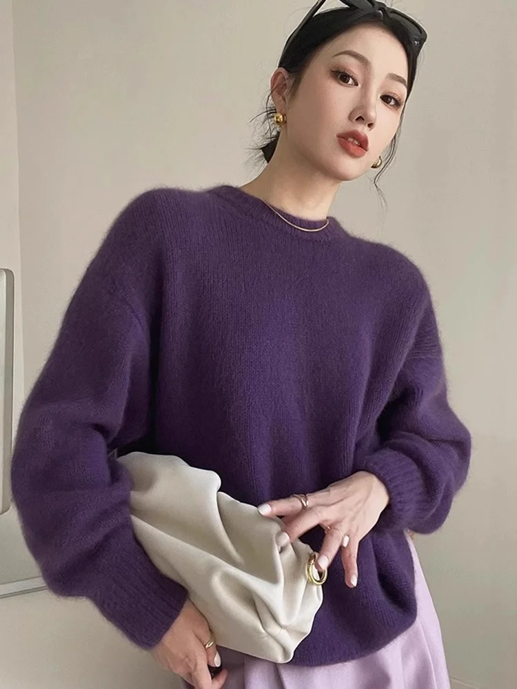 This Year's Popular Purple Angora Sweater Women New Autumn and Winter High Sense Milk Fufu Thickened Knit Top Fashion