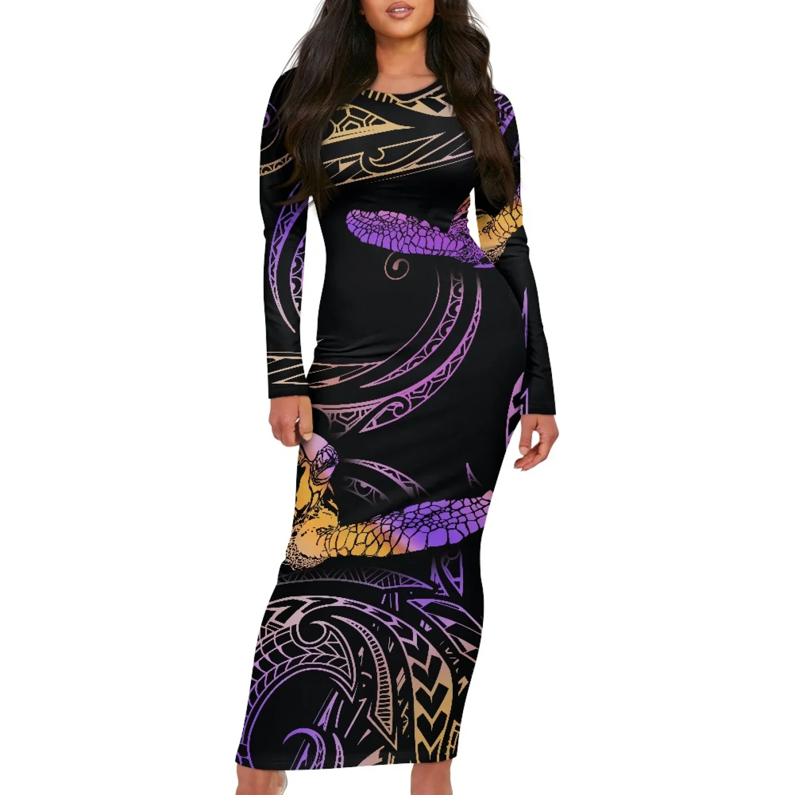 Polynesian Tribal Pohnpei Totem Tattoo Prints High Quality Women's Elegant Slim-Fit Green Leaf Knitted Long-Sleeved Maxi Dress