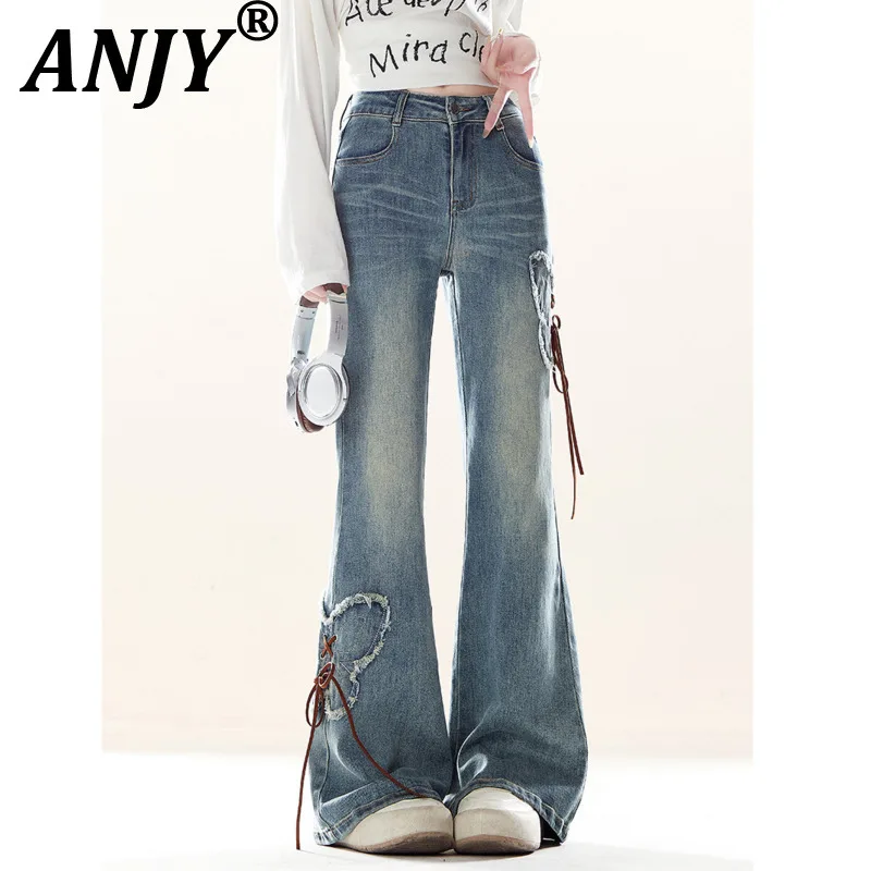 ANJY Spring Autumn New Women Trendy Fashion Bow Lace-Up Ins Bootcut Jeans Stylish Washed High Street Slim Fit Denim Pants A20664