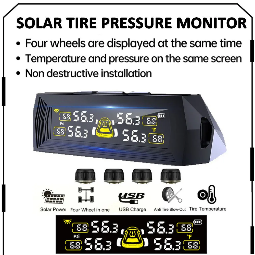 Solar-Powered Tire Pressure Monitoring System Digital LCD Display 0-6.8 Bar Tire Pressure Gauge Car Tire Monitor Bring 4 Sensors