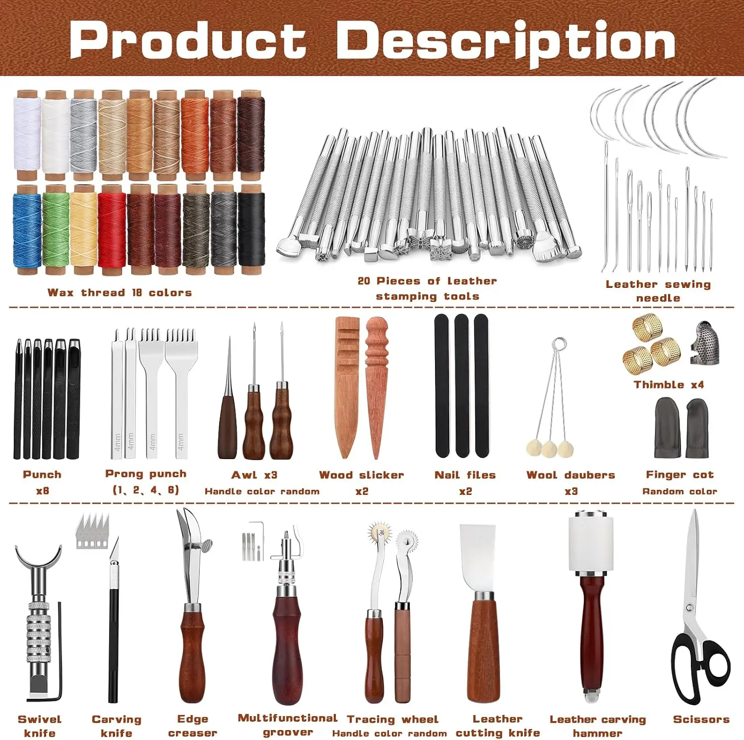 Leather Working Tool Leatherworking Tool Kit with Custom Storage Bag for Carving Punching Sewing Stamping, Essential Supplies for DIY Leather Crafts