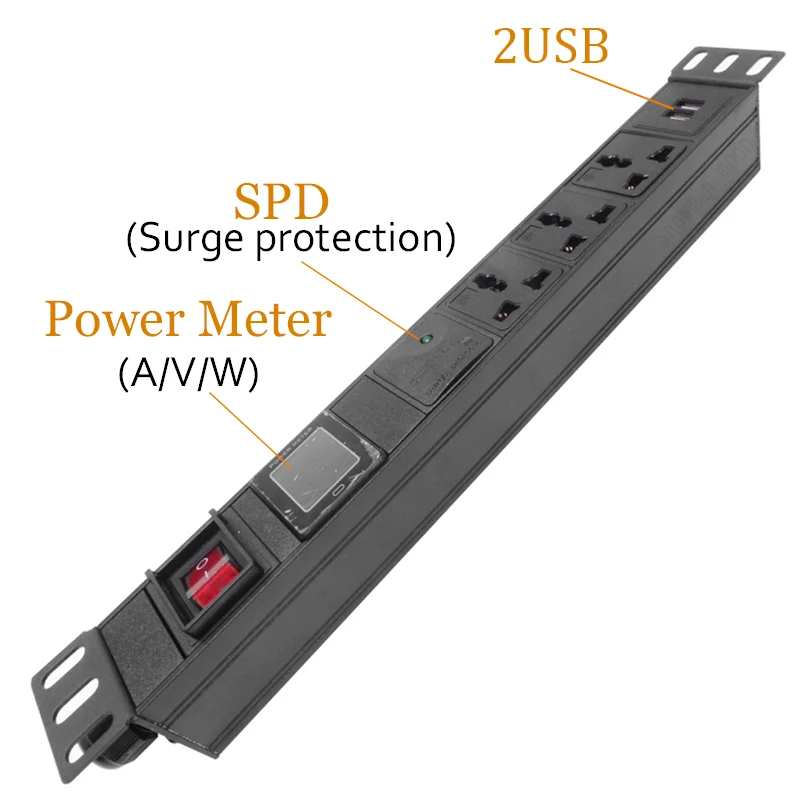 3500W Cabinet Rack Mount Power Distribution Unit Universal Socket Switch Current Voltmeter Power Meter SPD Protection 2USB