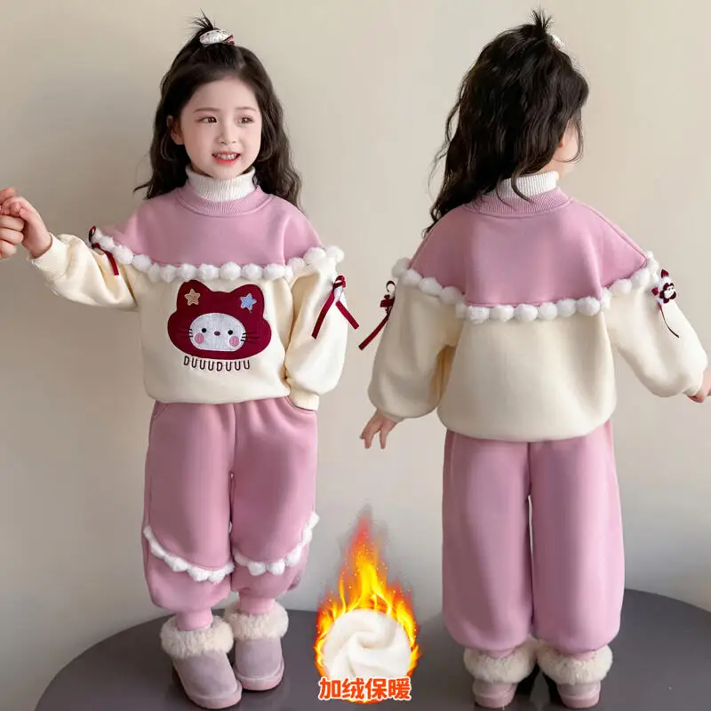 

Зимний толстый теплый свитшот с милым котенком для девочек, 2 шт., новинка 2025 года, мультфильм, аниме, корейское издание, модные штаны с капюшоном, повседневный милый комплект