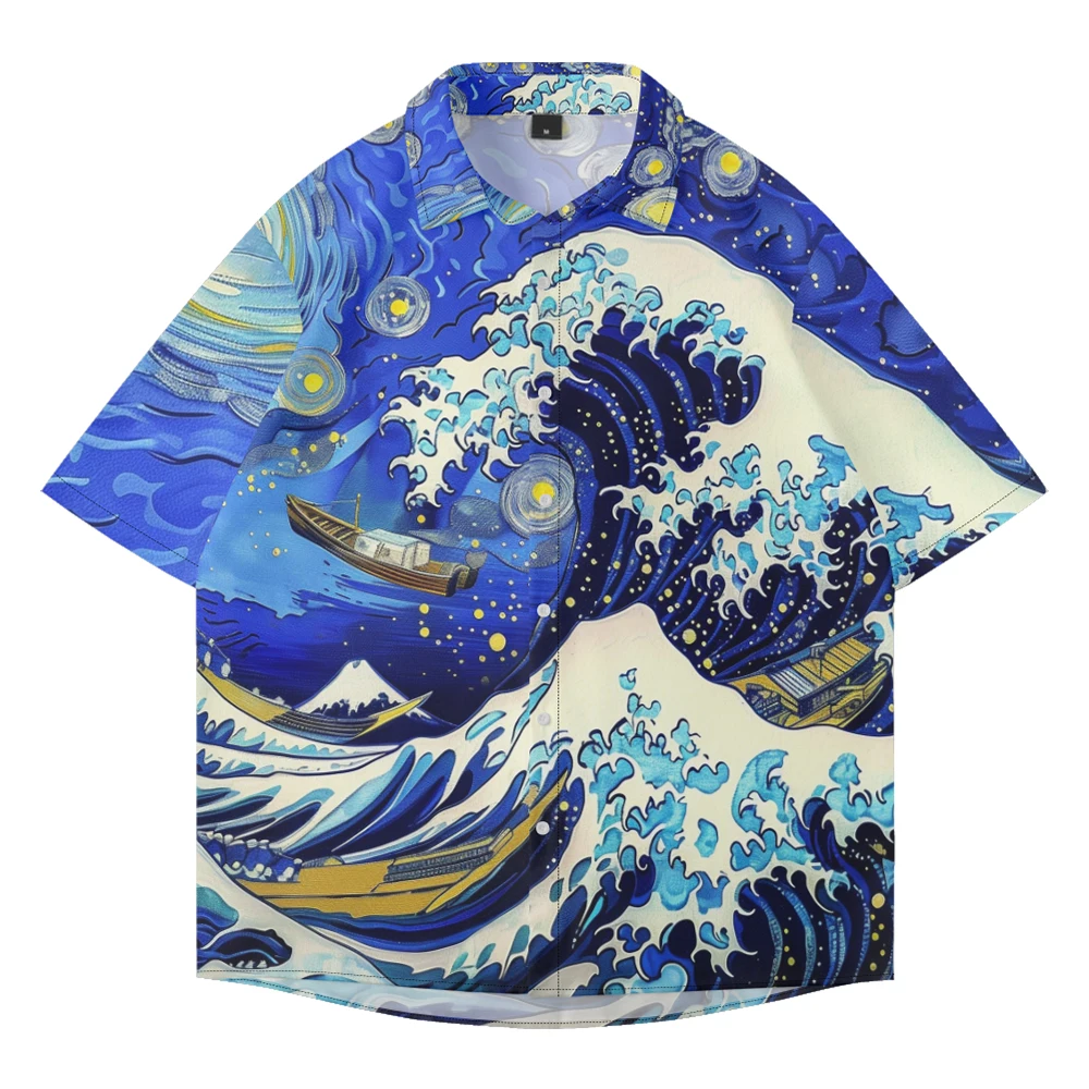 

Summer casual oversized short sleeved, wave printed, loose Hawaiian beach trend quick drying comfortable single breasted shirt