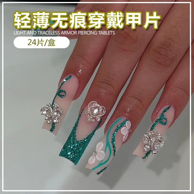 24 pieces of internet celebrity super flash fake nails green sequins flower manicure long square golden scepter relief wear nail
