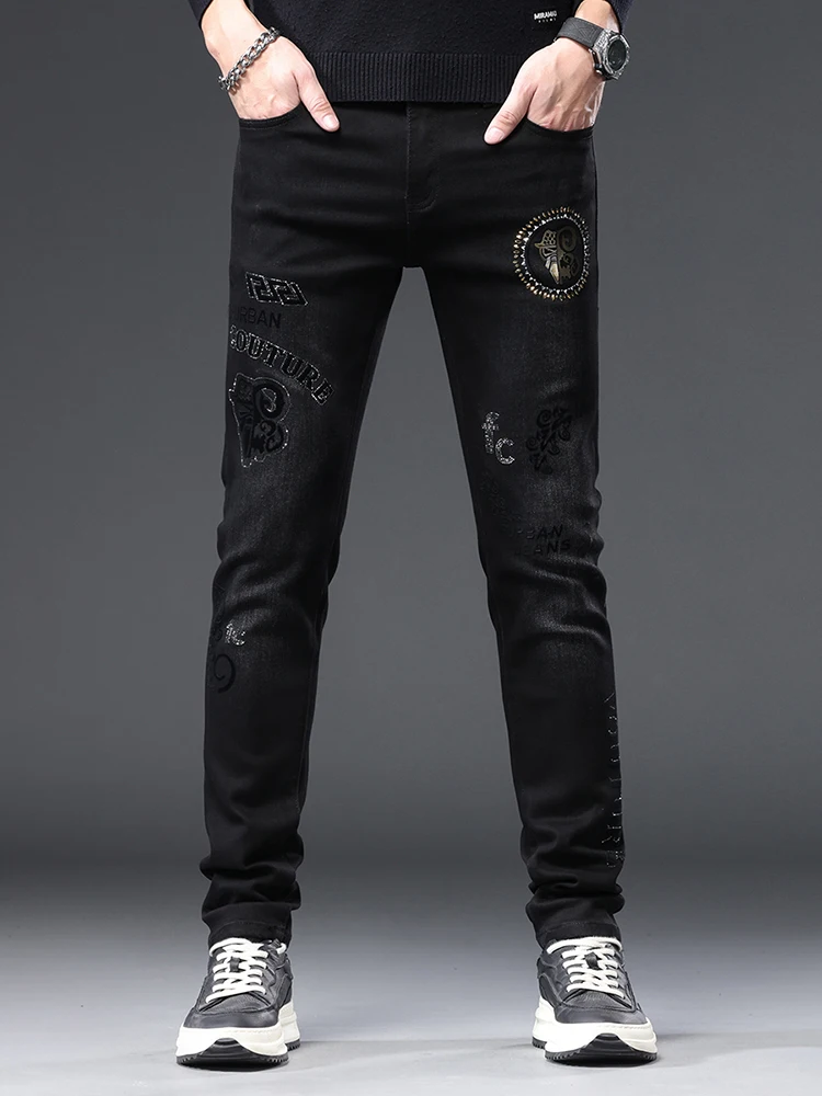 

Элитные люксовые черные джинсы из денима для мужчин: новая осенне-зимняя коллекция, модные брендовые облегающие эластичные повседневные длинные брюки