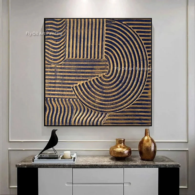 Black And Golden Yellow Abstract Texture Thick Wall Art On Canvas Large Hand Painted Popular Original Artwork Pure Navy Blue Art