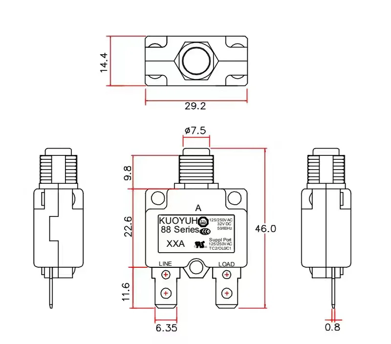 1PCS, Taiwan KUOYUH overload protector 88 series overcurrent protector 3A 5A 7A 8A 10A 12A 14A 15A 20A 25A 30A