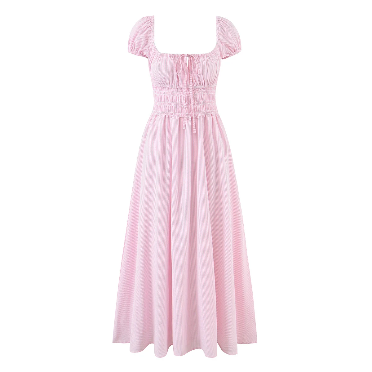 보헤미안 스트라이프 리본 주름 장식 가슴 리본 U넥 퍼프 소매 드레스 탄력있는 하이웨이스트 플리츠 스윙 미디 롱 드레스 휴가용 베스티도스