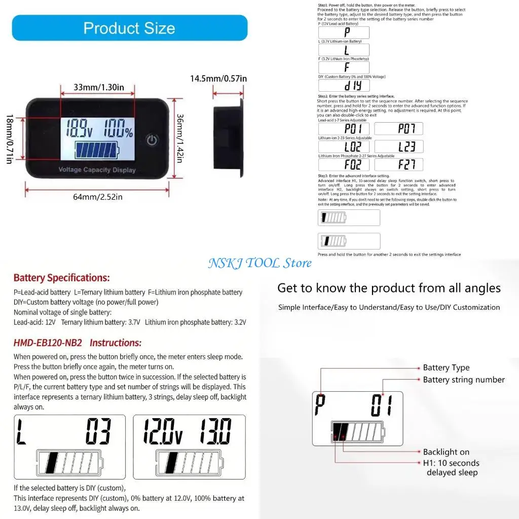 L8RC Car Battery Levels LED Digital Display 5-100V Battery Capacity
