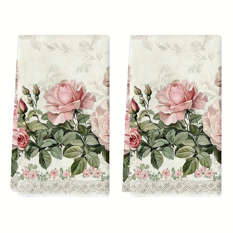 2Pcs, Vintage Lace Pink Rose Kitchen Towels, 40Cm*60Cm Towel Set, Super Absorbent Soft Cleaning Cloth, Cooking and Baking Tea Towel, Hand Towel, Cleaning Cloth, Dishcloth, Kitchen Decoration, Living Room Decoration, Kitchen Essentials, Home Essentials