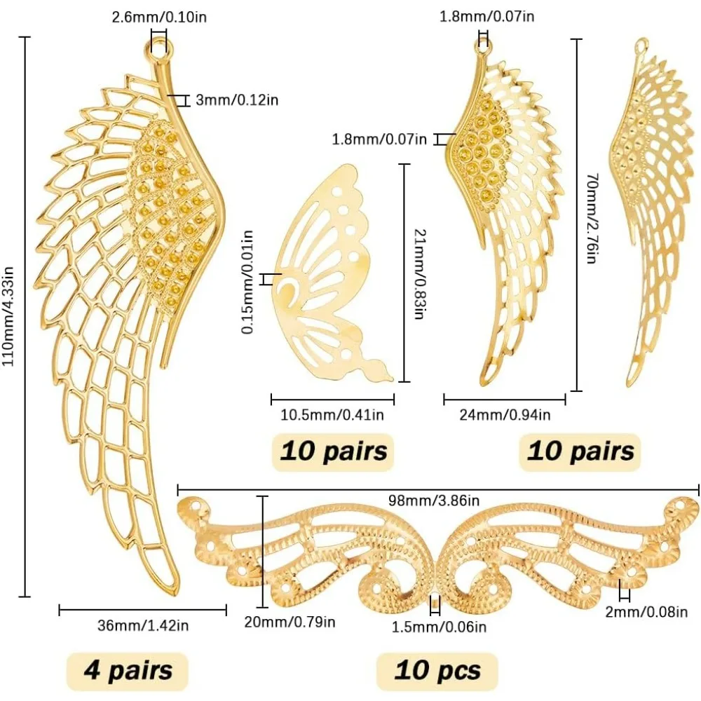 1 Box 58Pcs Gold Filigree Connectors Filigree Charm Pack Embellishments Angel Wings Hollow Wing