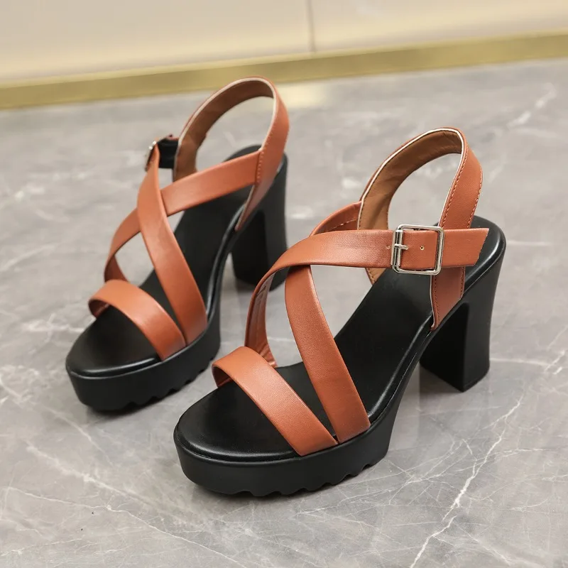 

2026 New Crossover with Platform Sandals Women's Block Heel Open Toe Sexy Non-Tired Heels