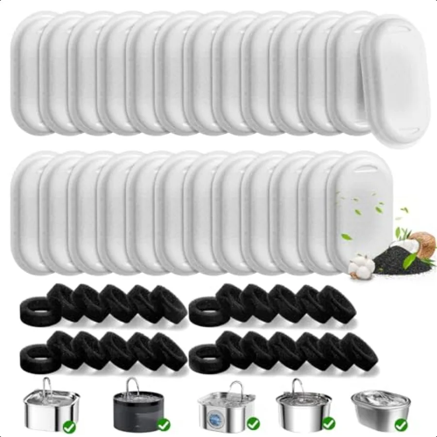 Paquet de 50 filtres de fontaine d'eau pour chat pour 108 3.2L 67oz 2L distributeur d'eau pour animaux de compagnie en acier inoxydable remplacement de filtre de fontaine pour chien et chat 25