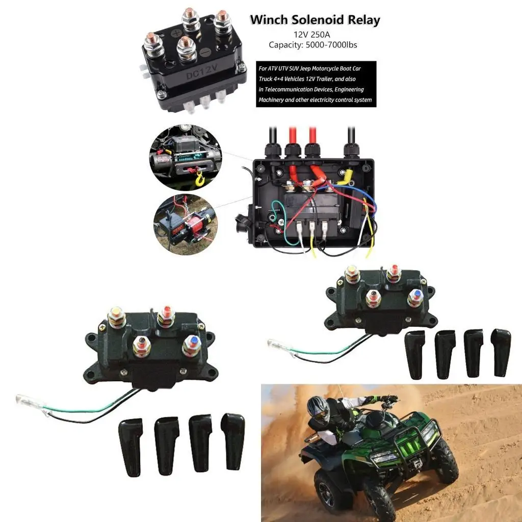 F1CF 12V 250A Winch Solenoid Relays Contactors with 6 Protecting Caps for 5000-7000lbs