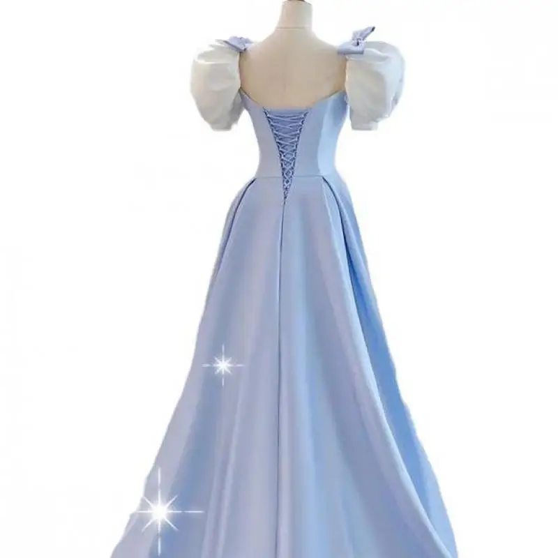 Vestidos De Quinceañera De satén con cuello cuadrado para mujer, elegante Vestido De noche De graduación con lazo y perlas, manga De linterna, nuevo