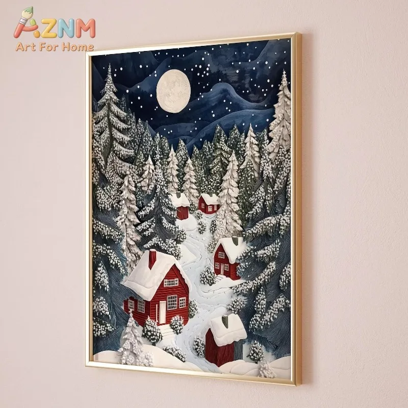 Winter Christmas Snowy Village Red Cabins Pine Forest Starry Night Canvas Poster Print Frameless Wall Art Festive Holiday Decor