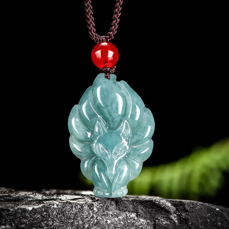 

Natural A-grade jade blue water fox fairy nine tailed fox pendant glutinous jade pendant floral piece for women Charm jewelry