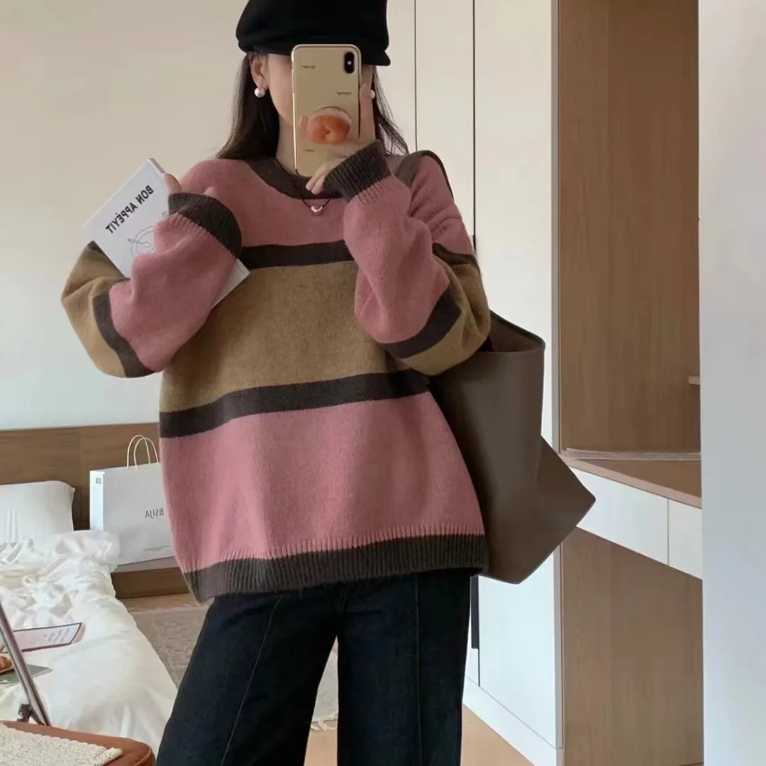 المرأة فضفاضة تناسب Thiened سترة ناعمة أنيقة كسول Sle مخطط محبوك لخريف شتاء جديد وصول عادية Faion #1