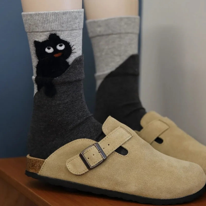 4 Pasang Kaus Kaki Lucu Musim Gugur Musim Dingin Kaus Kaki Setengah Betis Gambar Kucing Sederhana Wanita Set Kaus Kaki Wanita Fashion Lucu Musim Gugur Tinggi Kualitas Tinggi
